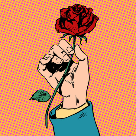Flower red rose in his hand men love Bud art pop retro vintageのイラスト素材
