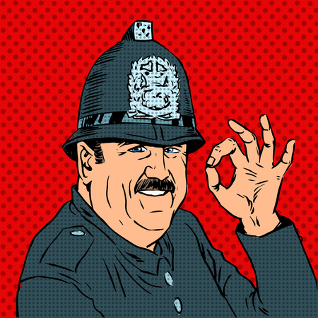Good English policeman in uniform and helmet shows gesture OK. Positive policeのイラスト素材