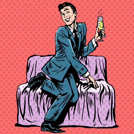Playful man with a glass of champagne on the couch. Humor Dating romanceのイラスト素材