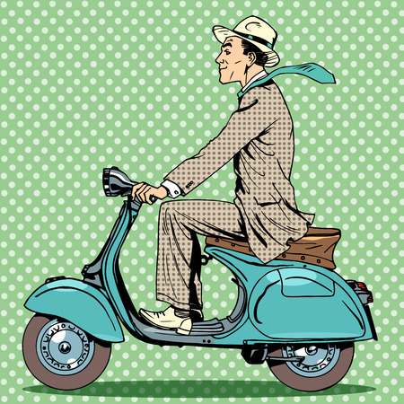 A man rides on a vintage scooter. Travel car road carsのイラスト素材