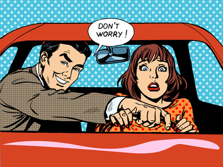 Driving school the driver and the woman in the car. Husband helps his wife to driveのイラスト素材