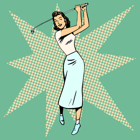 Beautiful woman playing Golf retro pop art. Sport active leisure vintageのイラスト素材