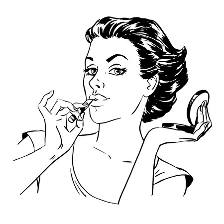 Morning makeup girl with lipstick on a mirror and powder. Line art retro styleのイラスト素材