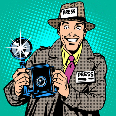 Photographer paparazzi at work press media camera. The reporter smiles. Pop art retro style