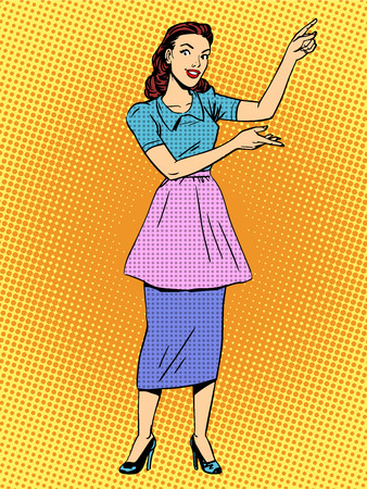 Housewife shows hands retro style pop art. The woman of the house householdのイラスト素材