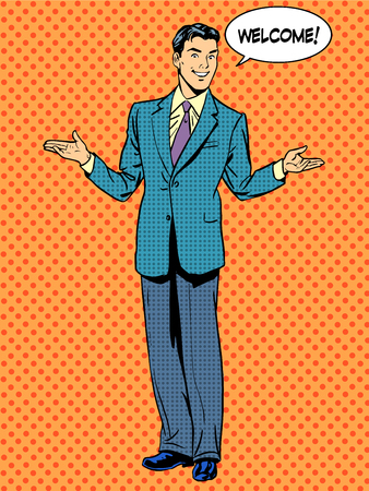 Man businessman welcome business concept. Pop art retro styleのイラスト素材