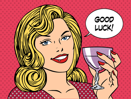 Beautiful woman toast glass wine good luck retro style pop art. Party romantic evening dinner date Beautiful woman toast glass wine good luck retro style pop art. Party romantic evening dinner date