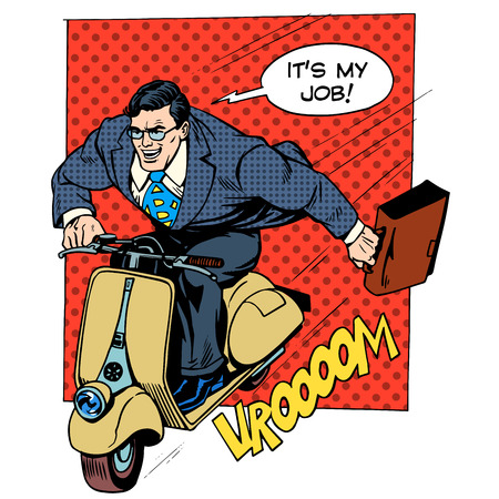 Businessman rushing to work on a scooter retro style pop art business business concept Businessman rushing to work on a scooter retro style pop art business business concept