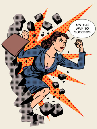 Business success businesswoman breaks the wall. Retro style pop art