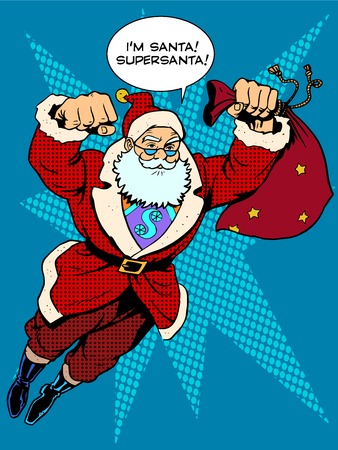 Santa Claus is flying with gifts like a superhero. Retro style pop artのイラスト素材