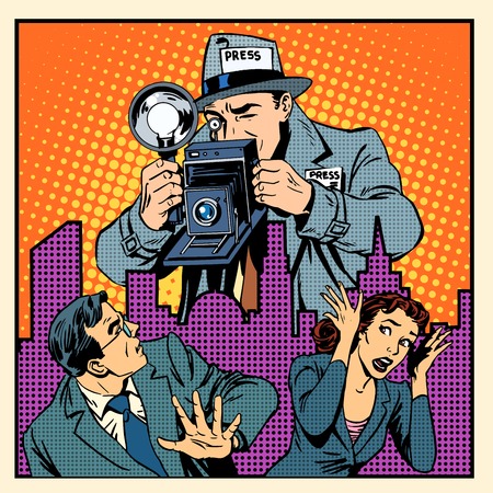 Media paparazzi terrorizing people. A man and a woman fleeing in panic from the giant of a journalist with a camera pop art retro styleのイラスト素材