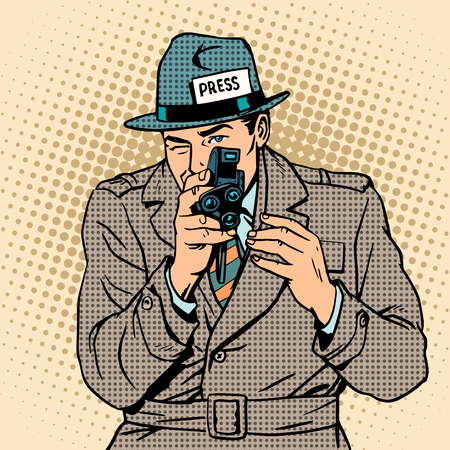 Journalist takes on retro camera. Paparazzi snooping tabloid press pop artのイラスト素材
