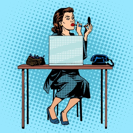 Businesswoman putting on lipstick in the office for work space. Beauty and makeup pop art retro styleのイラスト素材