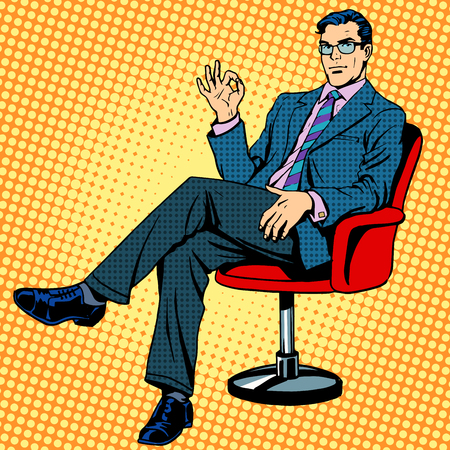 Businessman sitting in an armchair gesture okay pop art retro style