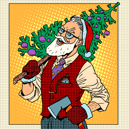 Hipster Santa Claus with Christmas tree pop art retro styleのイラスト素材