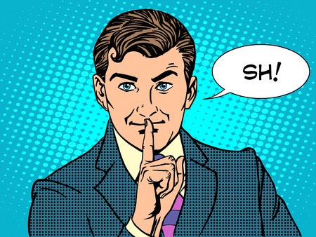 Silence mystery secret business concept pop art retro style. The man calls for silenceのイラスト素材