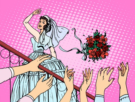 Wedding bride bouquet flowers bridesmaid woman. Beautiful girl in white wedding dress standing on the stairs and throws flowers into the hands of the wedding guests. Love fun romance pop art retro styleのイラスト素材