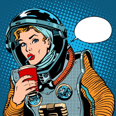 Female astronaut drinking soda pop art retro style