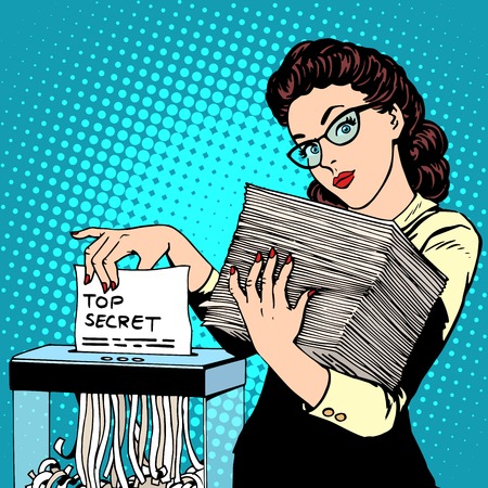 Paper shredder top secret document destroys the Secretary pop art retro style. The policy of the government security services document storage security data. Businesswoman politician