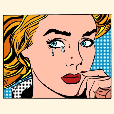 Girl crying woman face. Pop art retro style. Caucasian people coarsely face image. Human emotions