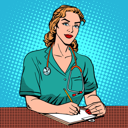 Intern front Desk at the hospital. Pop art retro style. Medicine and health. The reception at the doctor. Adult, middle-aged woman Caucasianのイラスト素材