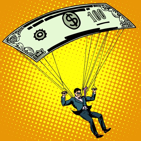 Golden parachute business concept cash compensation pop art retro style. A man descends by parachute money banknote one hundred dollars. Financial success and good profitのイラスト素材