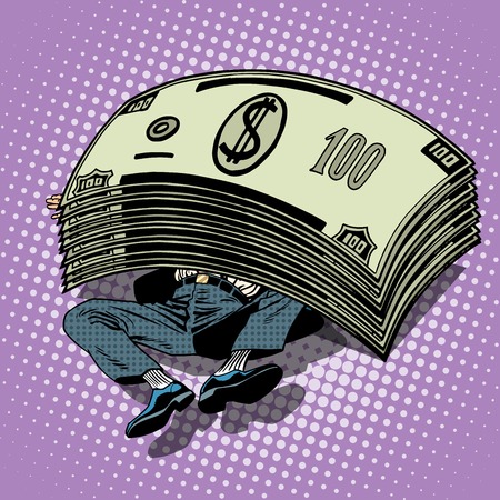 Businessman buried money wealth financial success pop art retro style. Millionaire under the stack of dollars. Business profitsのイラスト素材