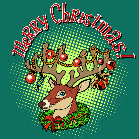 Deer Santa Claus merry Christmas pop art retro style. Animal with horns. Celebrations and congratulations. The symbol of Christmas and new yearのイラスト素材
