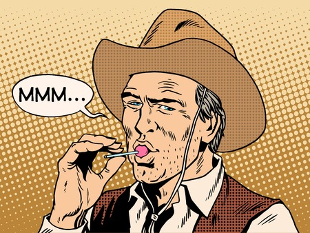 The cowboy and Lollipop pop art retro style. The food and sweets. A stern man and little weaknessのイラスト素材