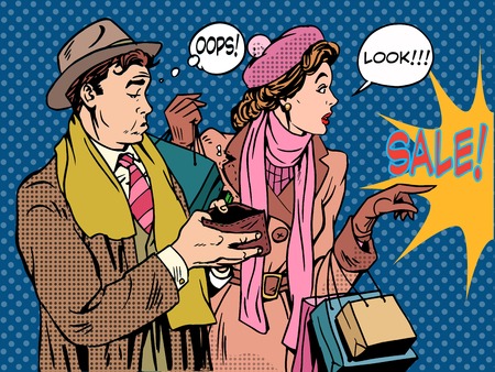 Husband and wife Christmas sales pop art retro style. The woman is a Shopaholic and a man without money in your wallet. Holiday spending finances.のイラスト素材