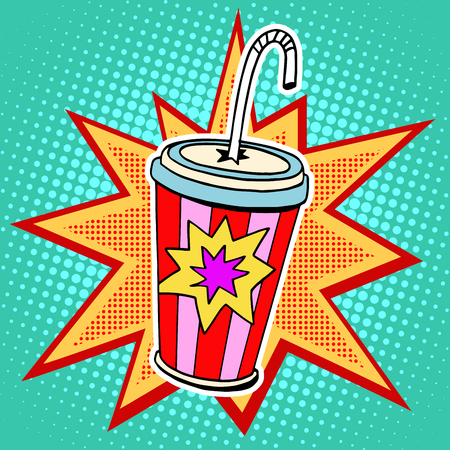 Cola paper cup straw fast food pop art retro style. Restaurants and entertainment. Sweet refreshing in the heat of the drink. Childhood and joy. Advertising poster retro background in the style of a comic book