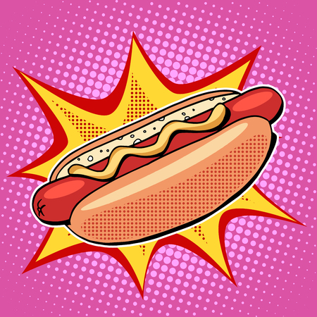 Hot dog fast food vector pop art retro style. Restaurants and street food. Sausage in the bun with mustard. Healthy and unhealthy food. Menu comic styleのイラスト素材