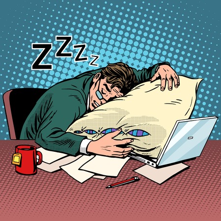 Worker dream workplace fatigue processing pop art retro style. Evening night. Good worker. Laptop and computer work. Tea and vivacityのイラスト素材