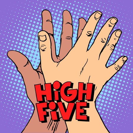 high five greeting white black hand pop art retro style. A gesture of greeting. The hands of man. Anti racism anti-fascism symbol.