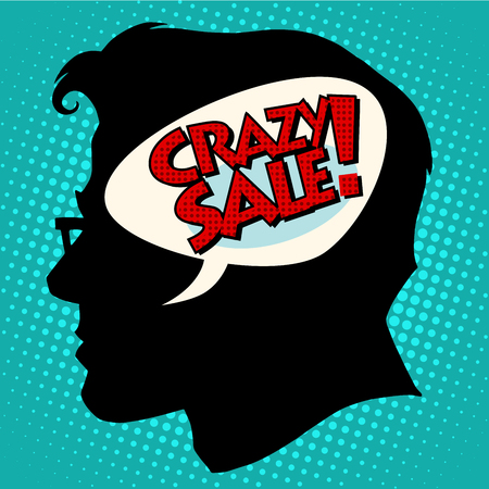 crazy sale thoughts head pop art retro style. The silhouette of a mans head with glassesのイラスト素材