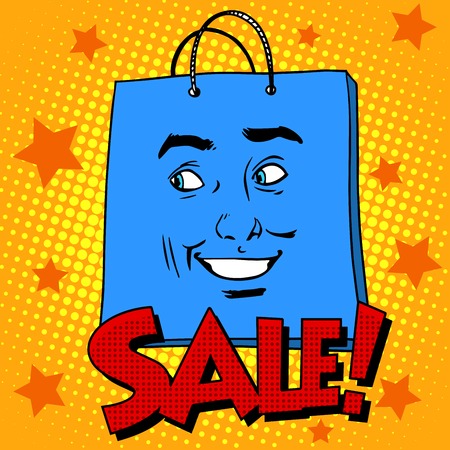 Gift pack face sale pop art retro style. Business concept of sale in the store. The buyer and the goodsのイラスト素材