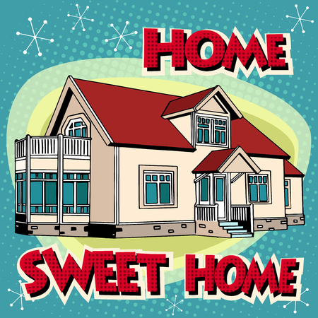 Sweet home cottage pop art retro style. Private house. Building architecture. Real estate rent sell construction.のイラスト素材