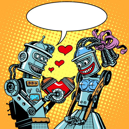 Robots man woman love Valentines day and wedding pop art retro style. Technology and emotions. Humor. Postcard on Valentine day. A Declaration of love. A red heart.のイラスト素材