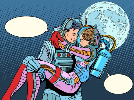 Couple astronauts love man woman pop art retro style. Science fiction and space exploration. Wedding love and Valentines day. Heroic posterのイラスト素材