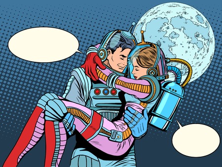 Couple astronauts love man woman pop art retro style. Science fiction and space exploration. Wedding love and Valentines day. Heroic poster