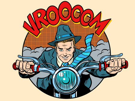 Motorcyclist rider biker man pop art retro style. The love of motorcycles. Speed and route. Retro transportのイラスト素材