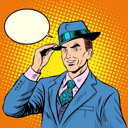 Polite people gentleman welcomes pop art retro style. Etiquette and pleasant meeting.The elegant man in retro suitのイラスト素材