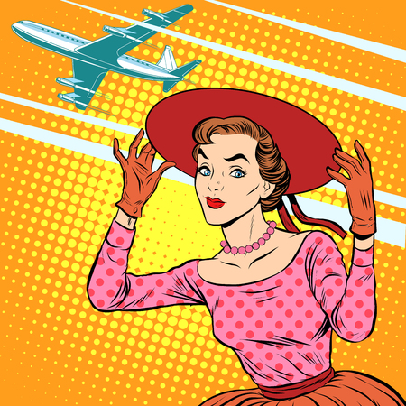 Woman airport journey pop art retro style. Tourism and rest. Girl in wide-brimmed hat sees off the planeのイラスト素材