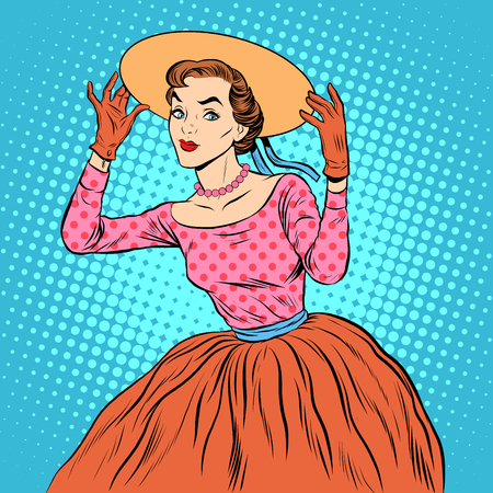 Flirty girl with a fashionable hat pop art retro style. Womens fashion and beautyのイラスト素材