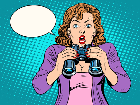 Surprised girl with binoculars pop art retro style. News shock information.のイラスト素材