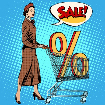 Buyer discounts sale grocery cart pop art retro style. Shop and trade. Holiday discountsのイラスト素材