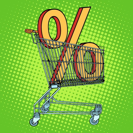 Grocery cart percentage discount pop art retro style. The business concept for trade and saleのイラスト素材