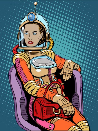 Space girl beauty sexy science fiction pop art retro style. A woman sits in a chair. International womens day. Female powerのイラスト素材