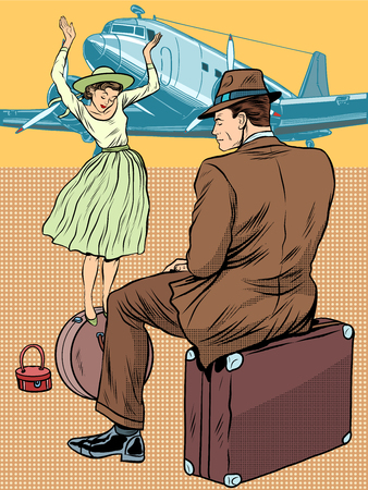 The girl on the suitcase. Passengers at the airport pop art retro style. Tourism and passenger transportationのイラスト素材