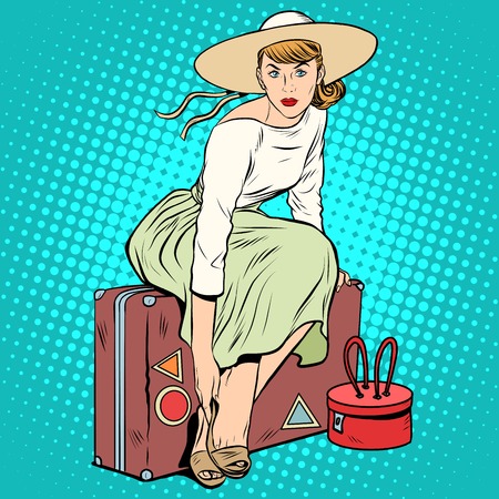 The girl passenger Luggage pop art retro style. A tourist trip. Beautiful lady womanのイラスト素材